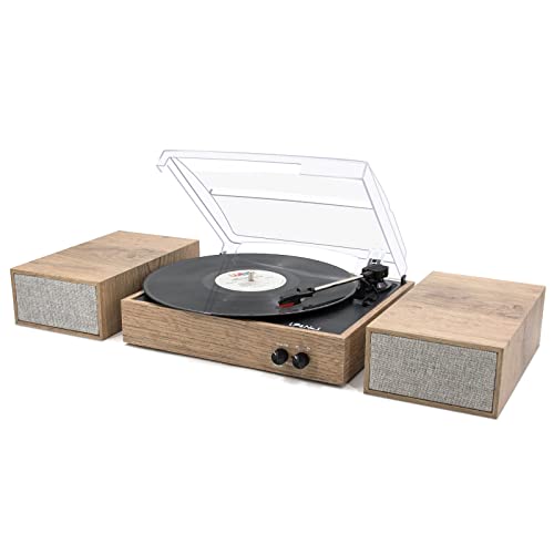 LP&No.1 Tocadiscos Bluetooth con altavoces de estantería, tocadiscos vintage de 3 velocidades con reproducción inalámbrica, parada automática y entrada Bluetooth, madera clara
