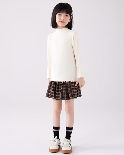 Image of ACESTAR Girls Solid Lettuce Trim Mock Neck Shirt Long Sleeve Slim Fit Ribbed Knit Tee Ruffle Tops Soft Base Layer