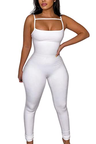 MVKV Women's Sexy Bodycon Solid Outfits Club Rompers Jumpsuits White S
