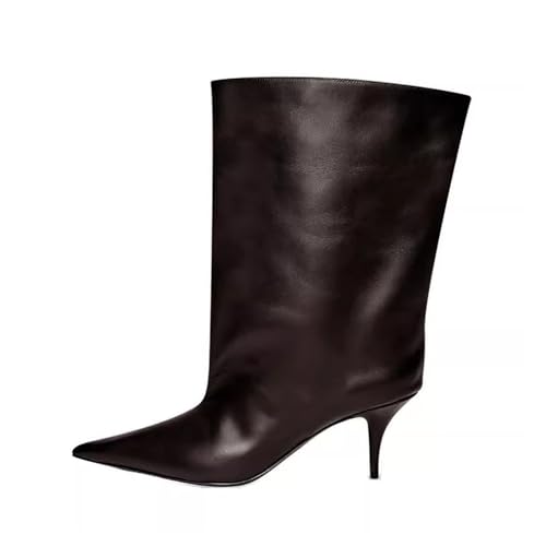 2025 women's mid-calf boots Pointed Toe Hot pink Black Brown High Stiletto heels Slouchy Leather Boots Pull on Sexy Booties for Women Extra Wide calf dressy boots4