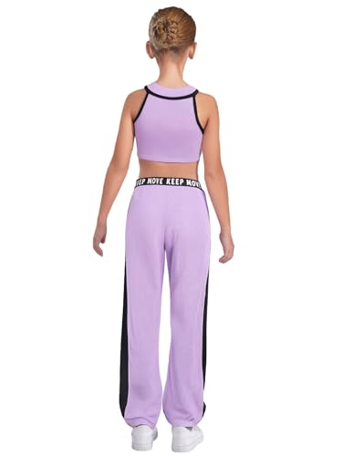 Kids Girls 2Pcs Sports Set Contrast Color Yoga Dance Outfit Ribbed Vest Crop Top and Pants Set2
