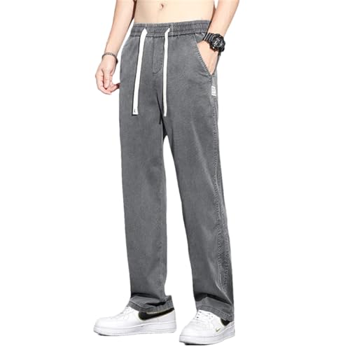 Men's Summer Thin Baggy Jeans Fabric Soft Drape Pants Elastic Drawstring Male Straight Denim Trousers