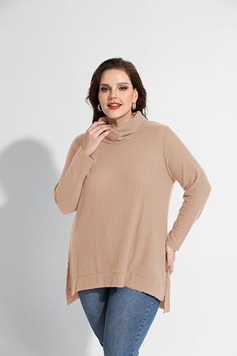 Image of RITERA Women's Plus Size Waffle Tops Long Sleeve Turtleneck Sweater Shirts Knit Tunic Oversized Casual Pullover Blouse XL-5XL