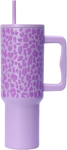 WOLKKAM40オンスのヒョウ柄304ステンレススチール製魔法瓶カップ、大容量、携帯用ストロー付き (C)