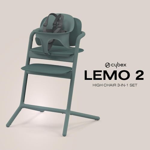 Image of Cybex LEMO High Chair 3-in-1 Set with Baby Set + Snack Tray - Modern Design, One-Hand Depth & Height Adjustment & Anti-Tip Wheels - from 6 Months, Convertible to Adult Chair, Stone Blue