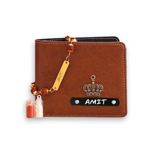 Image of Men's Personalized Wallet with Name Rakhi. Customized Slim Stylish Leather Purse with Metal Name Plate & Charm I Rakhi for Brother and Bhabhi Eco Friendly Rakhi Fo Bhai, Brothers Rakhi