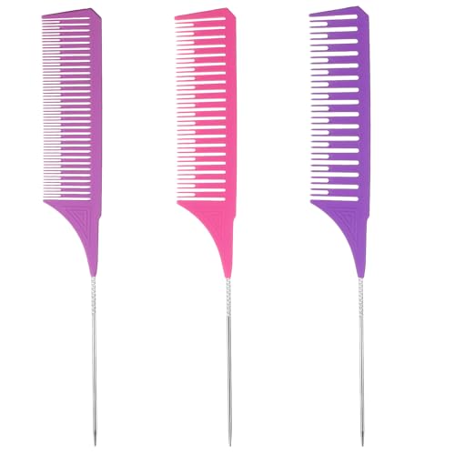 BOHUIZ 3Pcs Highlight Comb, Professional Highlighting Combs With Parting Tip, 3 Sizes Hair Dye Comb, Foiling Combs HighlightCombs for Highlighting for Home Hair Salon Weaving Styling(Pink Purple Rose)