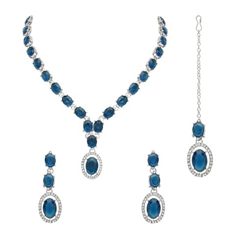 Image of I Jewels Silver Plated Stylish Design Crystal Diamond Necklace With Earrings & Maang Tikka Jewellery Set for Women