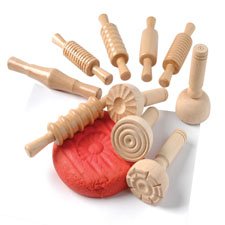 Constructive Playthings Classic Wood Dough Tools, Utensils for Play Dough or Clay, Set of 10