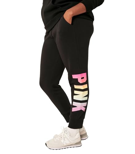 Victoria's Secret Pantalones deportivos de forro polar con logotipo rosa para mujer, (XS-XXL), Negro puro con logotipo clásico degradado, X-Small