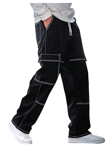 Verdusa Men's Cargo Jeans Streetwear Drawstring Waist Straight Leg Denim Pants with Pockets