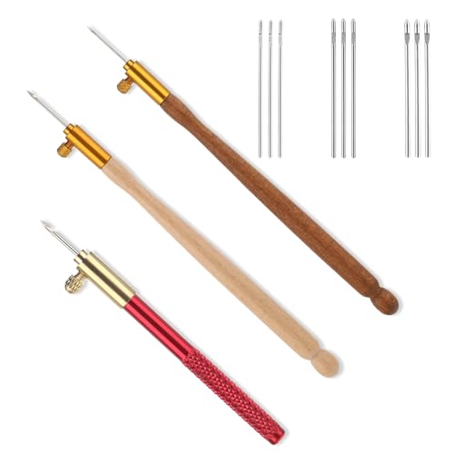3 Pcs Embroidery Crochet Hook Kit - Wood Handle French Drum Hooks with 9 Needles Tambour Hook Latch Beaded Needle for Embroidery Sequin Beading Knitting DIY Sewing