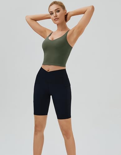 Image of Oalka Sports Bra Womens Longline Padded Crop Yoga Tank Tops | Built in Bras, Workout, Athletic, Fitness, Super Soft, Comfort, Cropped Top, Removable Pads, Heart Neckline For Women