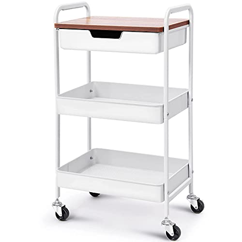 Toolf 3-Tier Utility Rolling Cart With Wooden Board & Drawer, Metal Storage Cart With Handle, White Trolley Kitchen Organizer Rolling Desk With Locking Wheels For Office, Classroom, Home, Bedroom #TOP7