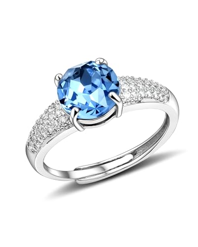 Zikichiky Aquamarine Cubic Zirconia Birthstone Ring for Women Gemstone Silver Promise Adjustable Ring