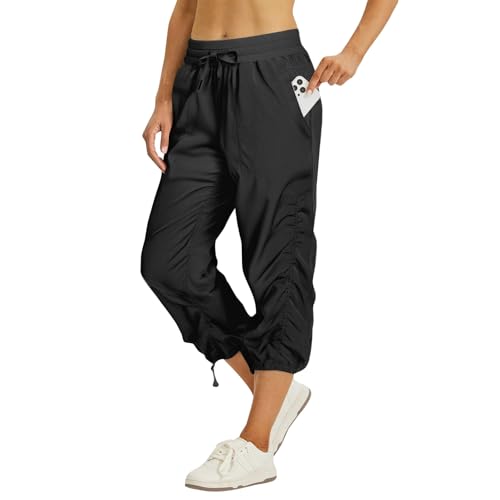 Summer Capris for Women Lightweight Elastic Waist Quick Dry Breathable Capri Pants with Pockets Outdoor Camping Running Hiking Pants Plus Size Stretch Joggers Long Shorts Below The Knee Black