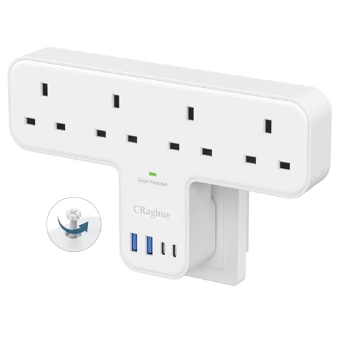 CRaghue Multi Plug Adapter 8 in 1 Plug Extension Socket 4 Way with 4 USB Plug Adapter UK Wall Socket Plug Extender for School Home Kitchen Office White
