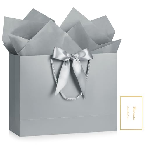 Image of JMANNI Gift Bags with Handles, 13 inch Medium Gift Bag for Presents, 1 Pcs Bags with 2 Tissue Paper and 1 Cards for Graduation Baby Shower Wedding Fathers Day Mother's Day Birthday Party（silver）
