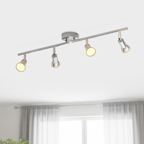 LVWIT Lámpara Techo Focos con 4 Focos Giratorios GU10, Lámpara de Pared Interior Cromada Ajustables, Foco Led Interior Techo Iluminación para Dormitorio Pasillo Cocina (Sin Bombillas).