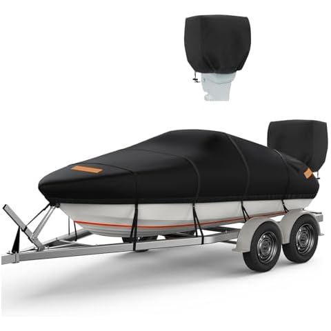 Boat Cover 16-18.5 ft 900D Waterproof Boat Covers with Motor Cover Fits Bass Boat， V-Hull Tri-Hull Bass Boat Runabout，Trailerable Marine Grade Boat Cover,Pro-Style Bass Boat with Tightening Strap Cover
