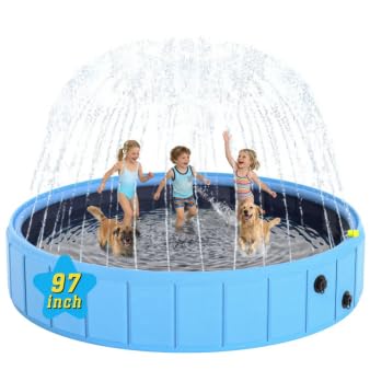 BerrysParadise Foldable Dog Pool with Sprinkler, 97'' Extra Large Non-Slip Dog Swimming Pool, 2-in-1 Outdoor Backyard Pet Bathing Tub with Drain Plug for Dogs Kids Pets Ducks
