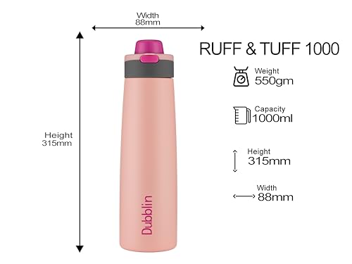 Image of Dublin Ruff & Tuff 1000 ML Double Wall Stainless Steel Water Bottle, Vacuum Insulated Leakproof Sports Bottle (Pink)
