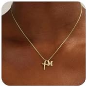 GoldGifts Cross Initial Necklace for Women Girls, 14K Gold Plated Dainty Cross & Letter M Pendant Necklace, Personalized Monogram Letter Christian Jewelry,Baptism First Communion Confirmation Easter Gifts