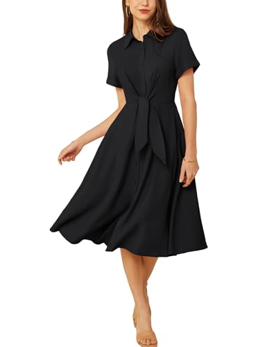 GRACE KARIN Womens Linen Dresses Summer Casual Flowy Collar Button Down Dress Front Tie Short Sleeve Pockets Midi Work Dress