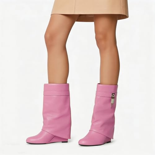 Image of keleimusi Fold Over Wedge Boots Heeled PadLock Pant Knee High Shoes Tall /Short Booties in Black