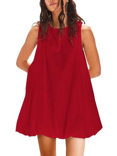 Image of COCOMARTS Dress for Women Summer Casual Linen Mini Dresses Sleeveless Crew Neck Bubble Keyhole Tie Back Vacation Sundress