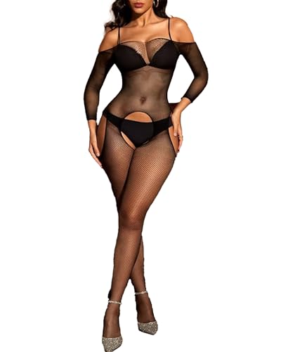 Leypafy Femmes Bas de Lingerie Bodystocking Rave Tenues Combinaison Résille Fishnet Bodys Nuisettes Collant Ouverte(QWST-Noir)