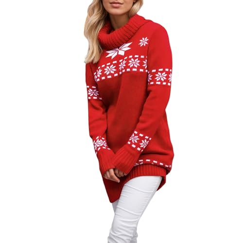Roobeety Damen Strickkleid mit Schneeflocken-Muster | Langarm Pulloverkleid für Winter und Weihnachten mit Festlichem Norwegermuster