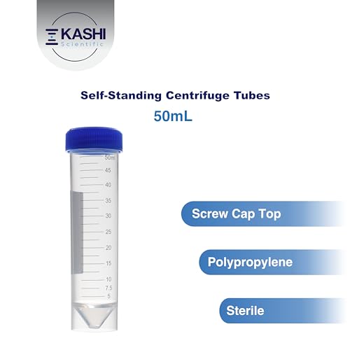Image of Kashi Scientific 50mL Self Standing Centrifuge Tubes with Screw Cap Lid, Lab Grade Polypropylene Plastic, Skirted, Printed Graduation, Write-on Spot [50mL Self-Standing, 300]