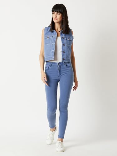 Image of Miss Chase Women's Polo Neck Full Sleeves Patch Pocket Denim Overcoat Knee-Length Jacket