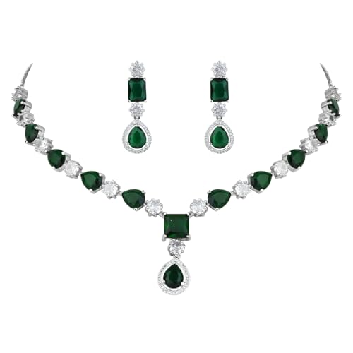 Image of I Jewels Silver Plated Cubic Zirconia American Diamond Valentines Special Necklace & Drop Earrings Jewellery Set for Women