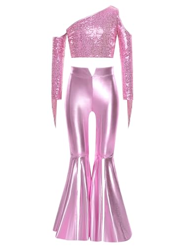 Ensemble de danse stretch rose brillant effet miroir avec pantalon évasé disco pour filles