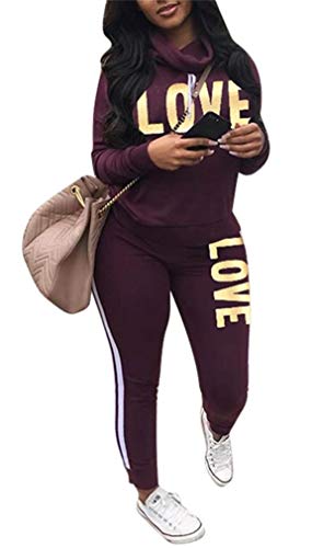Women's Letter Print 2 Piece Outfits Jogging Suit Set Cowl Neck Long Sleeve Sweatshirt Tracksuit Sweatsuits Set Purple