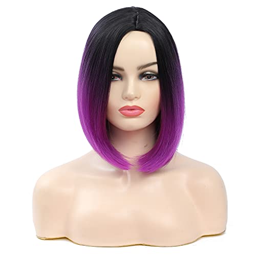 ROSISIND Ombre Wigs 12 Inch Short Purple Wigs Colorful Wigs Straight Blunt Cut Bob Wigs Daily Party Cosplay Wigs Heat Resistant Synthetic Fiber Wigs for Women (Black to Purple)
