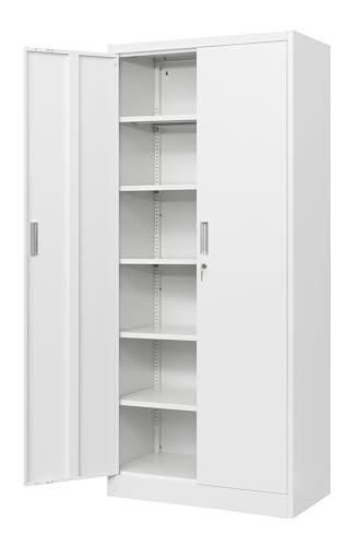 Metal Storage Cabinet, 71â€H Locking Storage Cabinet with 5 Adjustable Shelves, Steel Storage Cabinets for Garage, Home, Office, Pantry (White)