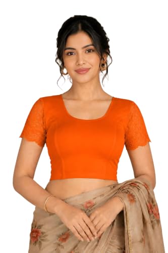 Image of Abhi Cotton Readymade Saree Blouse for Women- Half Net Sleeves, Round Neck, Regular-fit, Stretchable, Pull-on Style Blouse