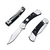 HUAAO Manually Operated Button-Lock Knife Folding Knife 440C Stainless Steel Blade, Back lock G10 Handle with Leather Sheath, EDC Pocket Knives for Men (Black)
