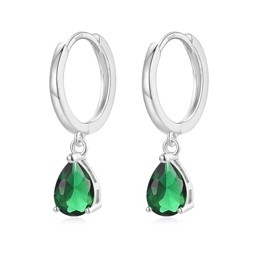 EPIRORA Sterling Silver Hoop Earrings for Women, Small Huggie Hoop Earrings with Teardrop Dangle Drop Hoops | Hypoallergenic Green Cubic Zirconia Cartilage Earring Jewellery Girls Gifts