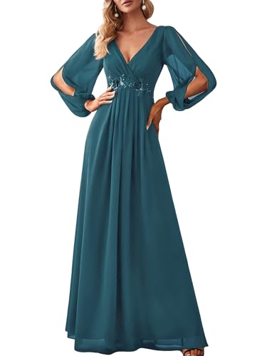 Ever-Pretty Women's V Neck Long Lantern Sleeves Floor Length Ruched Chiffon A-Line Formal Evening Dress Teal US20