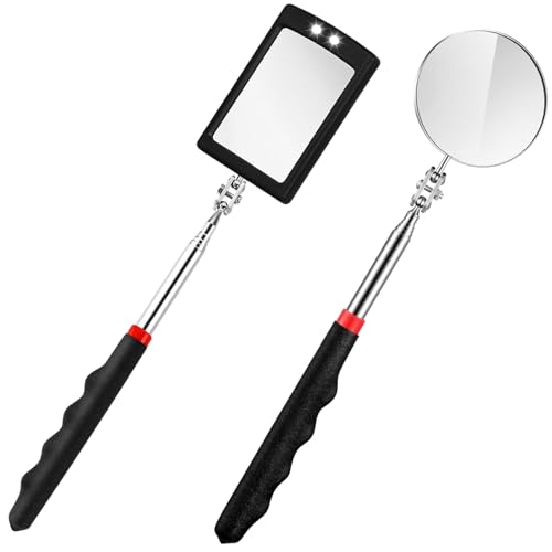 llikknve 2 PCS Telescopic Inspection Mirror LED Lighted 360 Rotating Extended Handle Mirror on a Stick Stainless Steel for Checking Vehicle Car Eyelashes Mouth(Rectangle & Round)