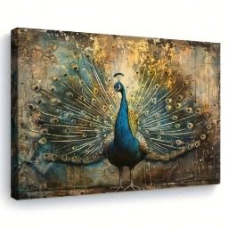 Affiches artistiques d'animaux : grand tableau paon avec cadre intérieur en bois