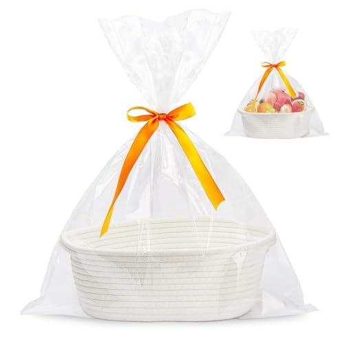 Panier cadeau vide, panier cadeau en coton tressé avec sacs cadeaux et rubans pour mariage, anniversaire, fête de baptême (Blanc)