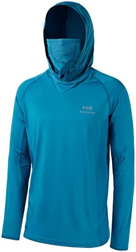 BASSDASH UPF 50+ Men’s Long Sleeve Fishing Shirt with Mask UV Neck Gaiter Hoodie (Emerald Blue, Large)