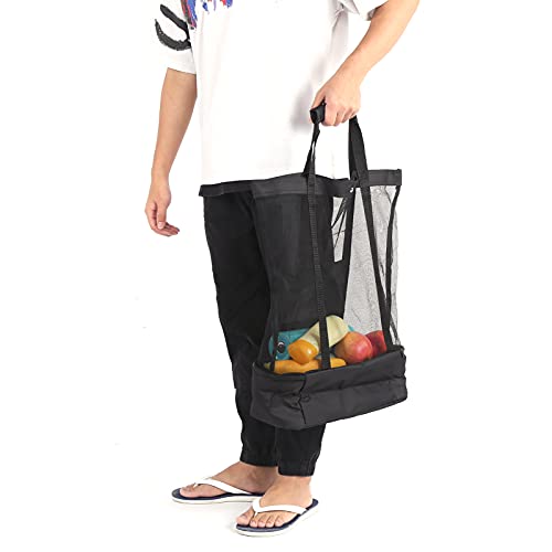 Camping Beach Mesh Tote Bag with Detachable Cooler Bag Picnic Ice Bag Insulated Cooler Pouch Multifunctional Packing Organizer Lightweight Durable Canvas for Outdoor Activities (Black)2