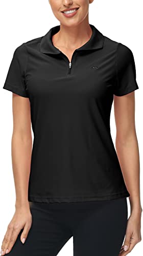 Mofiz Women's Zip Up Golf Tennis Shirt Short Sleeve Sport Polo Shirt Solid Upf50+ Active T-Shirt Cooling Breathable Athletic Tops Black S #TOP1