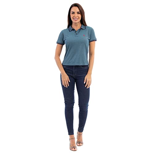 Camisa Polo Feminina em Viscose Manga Curta Conforto Casual (Azul Medio, GG)